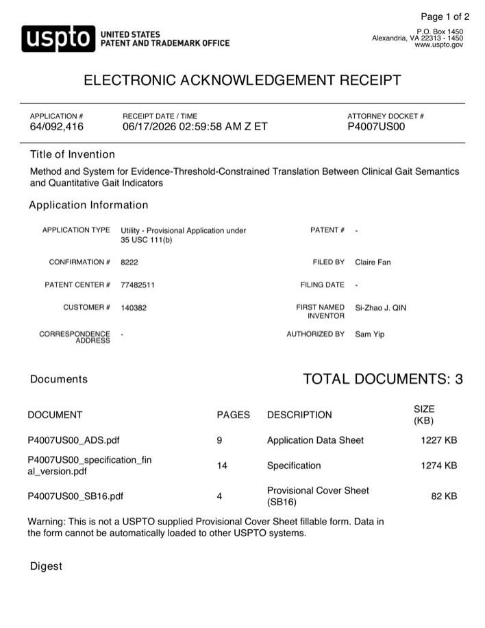 USPTO electronic acknowledgement receipt for GaitGPT U.S. provisional application 64/092,416