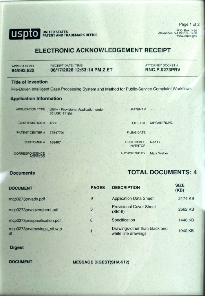 USPTO electronic acknowledgement receipt for SRR U.S. provisional application 64/092,622